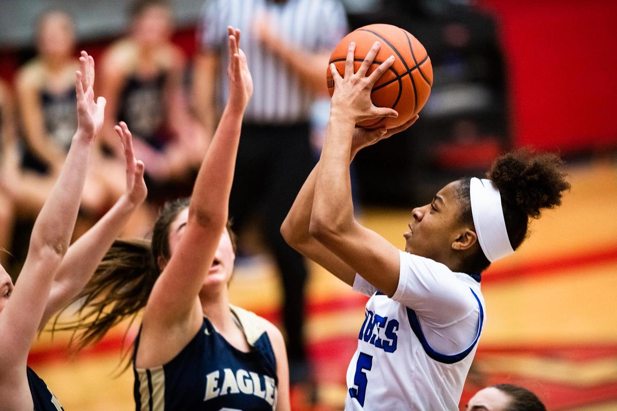 Arieona Rosborough (5) pulls up for a shot after driving down the left side of the lane during the TAPPS 5A State Championship game at West High School in West, Texas on February 28, 2019. (Photo by Matt Smith-Special to the Star-Telegram)
