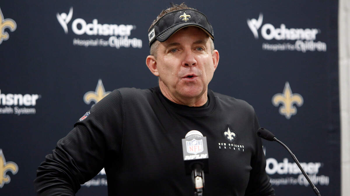 New Orleans Saints head coach Sean Payton speaks to the members of the media during the second half of an NFL football game against the Carolina Panthers in Charlotte, N.C., Sunday, Dec. 29, 2019. (AP Photo/Brian Blanco)