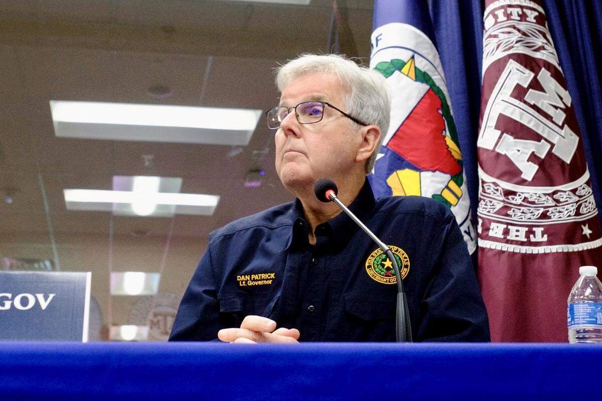 Lt. Gov. Dan Patrick listens to questions from media at an advisory for Hurricane Beryl held at the State Operations Center in Austin on Friday, July 5, 2024.