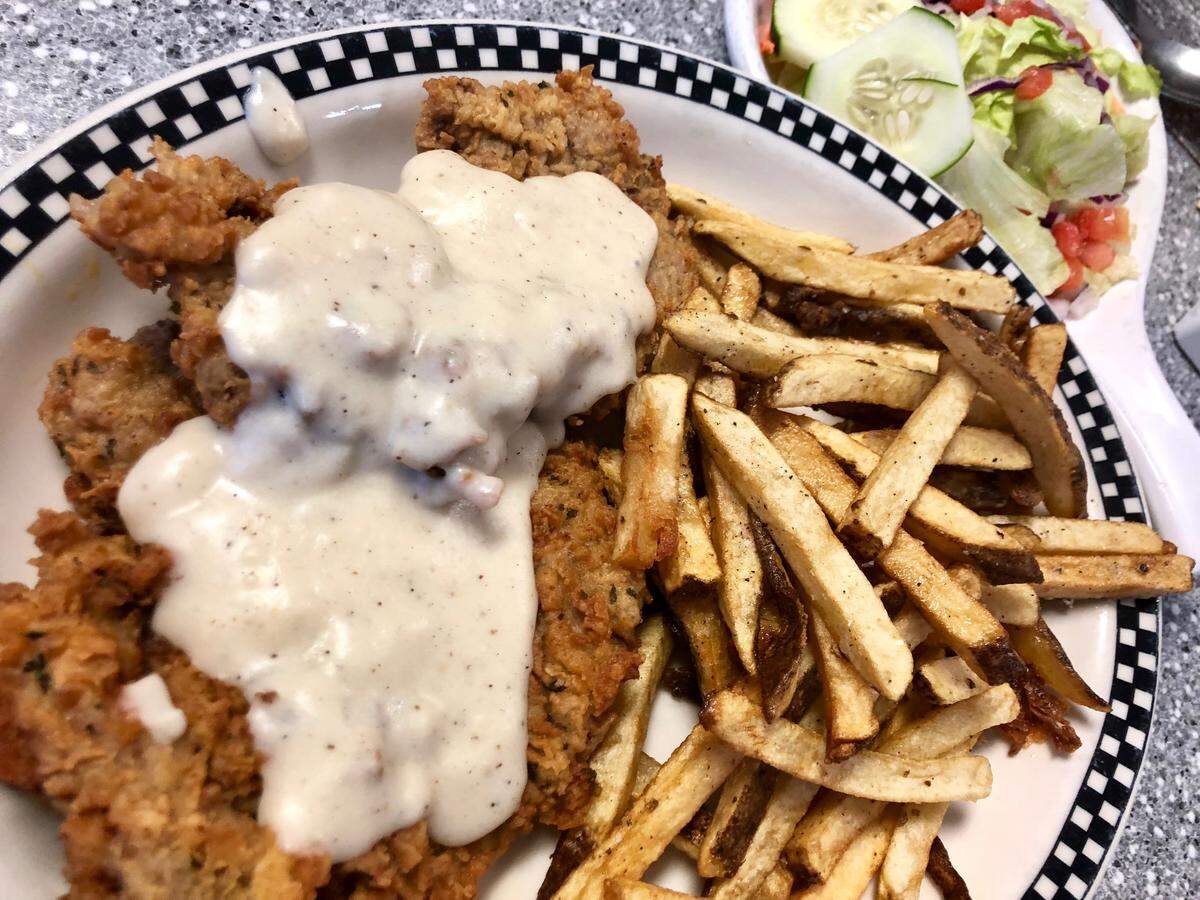 That’s a serious chicken-fried steak, made from sliced New York strip at Vickery Cafe.