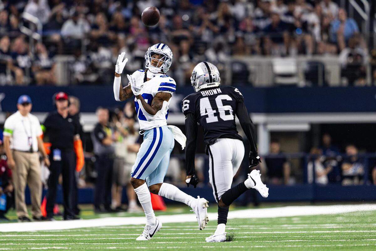 Dallas Cowboys wide receiver Tyron Billy-Johnson (80) catches a pass in the second half of a preseason game against the Las Vegas Raiders at AT&T Stadium in Arlington, Texas on Saturday, Aug. 26, 2023.