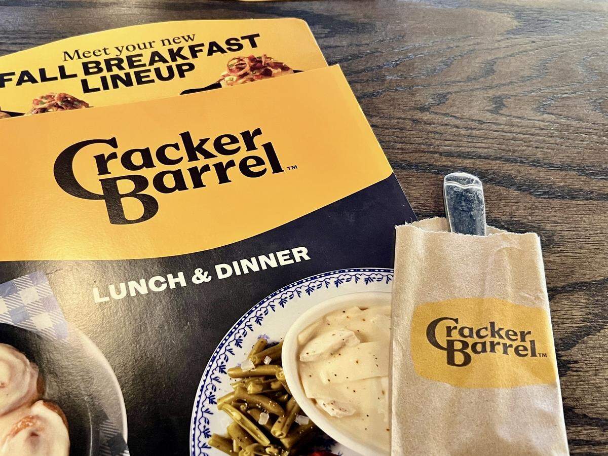 A contemporary Cracker Barrel logo appeared on menus and paper wraps for cutlery on Aug. 22, 2025, in Fishers, Indiana.
