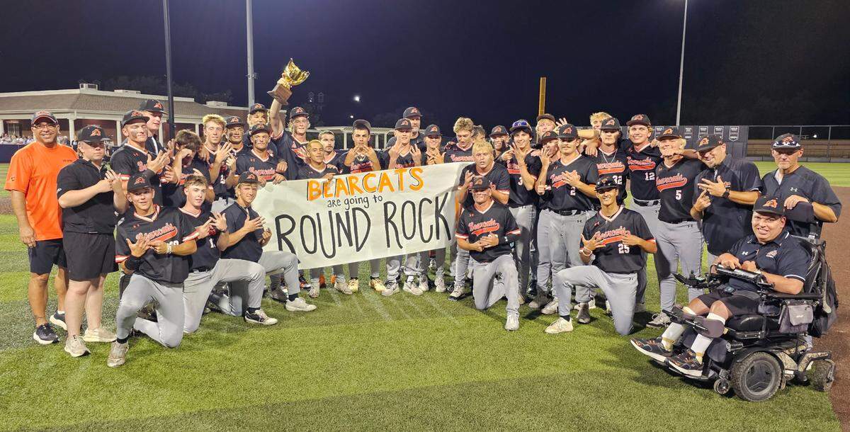 The Aledo baseball team poses for a team picture with the Class 5A Division I state semifinal trophy after defeating McKinney North 6-0 to sweep the series on Friday, May 30, 2025 at Dallas Baptist University in Dallas, Texas.