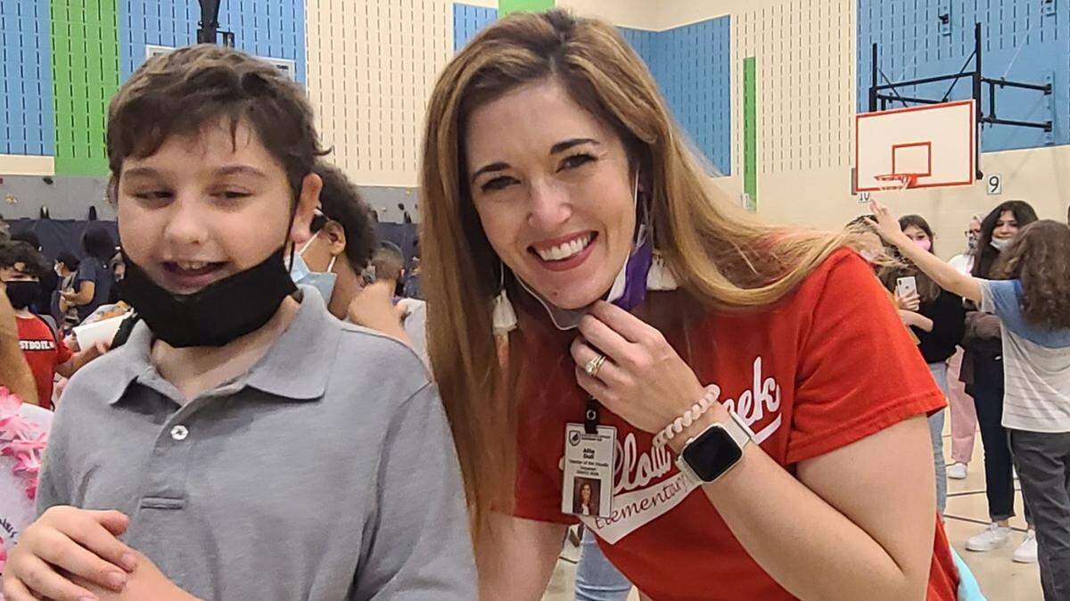 Graysen Head, a sixth-grader at Creekview Middle School in the Eagle Mountain Saginaw school district, recently attended a space camp for visually impaired students in Huntsville, Alabama. Pictured with him is Allie Dull, teacher for visually impaired students in the EMS ISD, who helped him train for the experience.