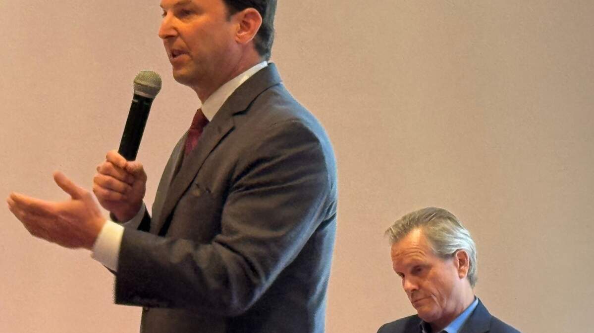 Congressional candidate state Rep. Craig Goldman, left, talks as opponent John O’Shea listens during the Fort Worth Republican Women’s forum April 24, 2024, at the City Club in Fort Worth.