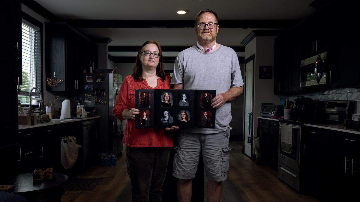 Amy, left, and Kevin Kirkland, right, are photographed holding a collage of photos from the late daughter, Katey, at their home in Haslet on May 28. The Kirklands’ lives were shattered when a drunk driver struck their home, killing their only child, Katey, and severely injuring Kevin, who survived with life-altering injuries that left him fighting to relearn how to live.