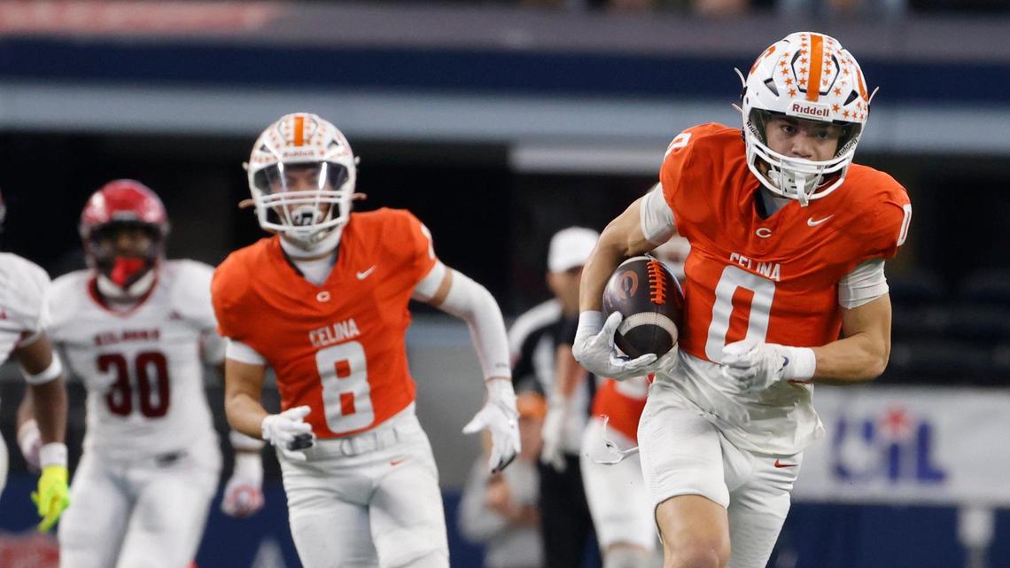Celina wide receiver Ethan Rucker (0) heads down field for six against Kilgore during the UIL 4A D1 State Championship football game at AT&T Stadium in Arlington, Texas, Friday, Dec. 20, 2024.