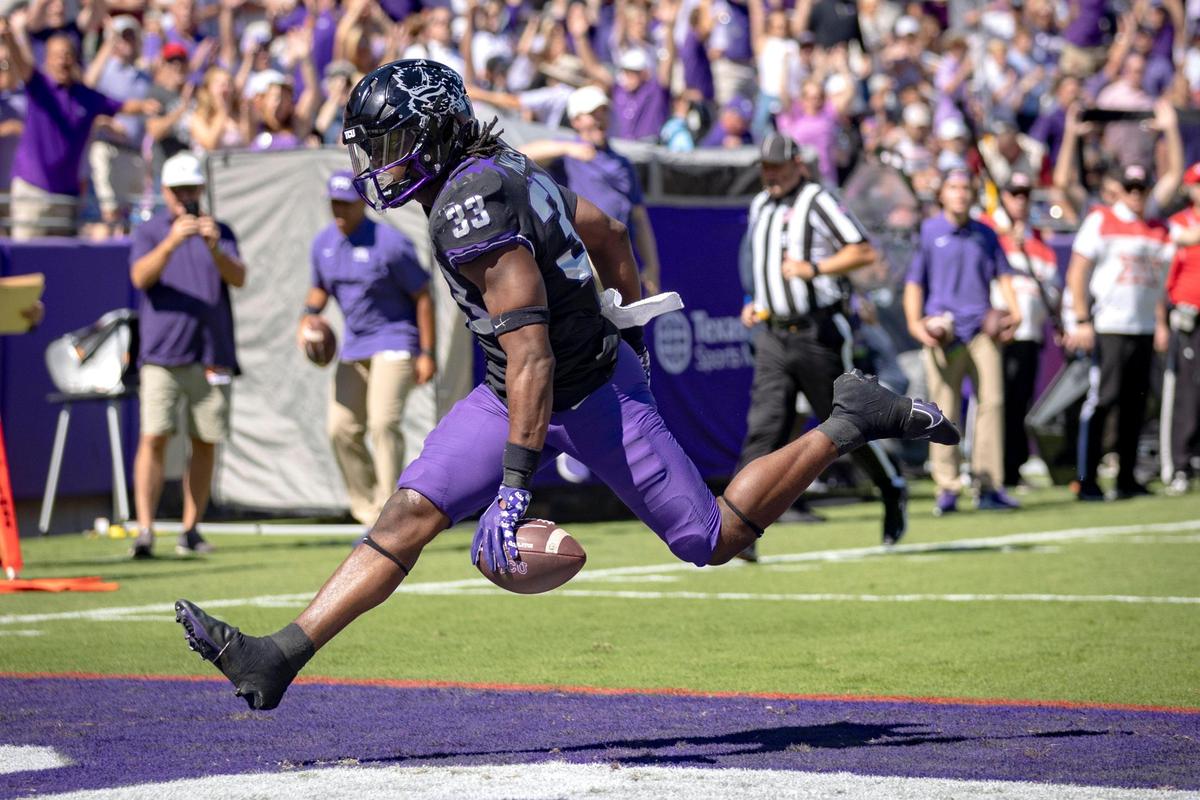 TCU running back Kendre Miller scores a touchdown during their game against OU at the Amon G. Carter Stadium in Fort Worth, Texas, on Saturday, Oct. 1, 2022.