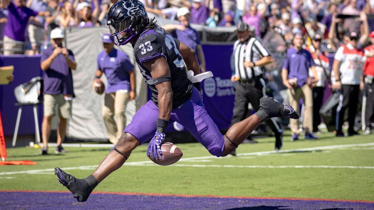 TCU running back Kendre Miller scores a touchdown during their game against OU at the Amon G. Carter Stadium in Fort Worth, Texas, on Saturday, Oct. 1, 2022.
