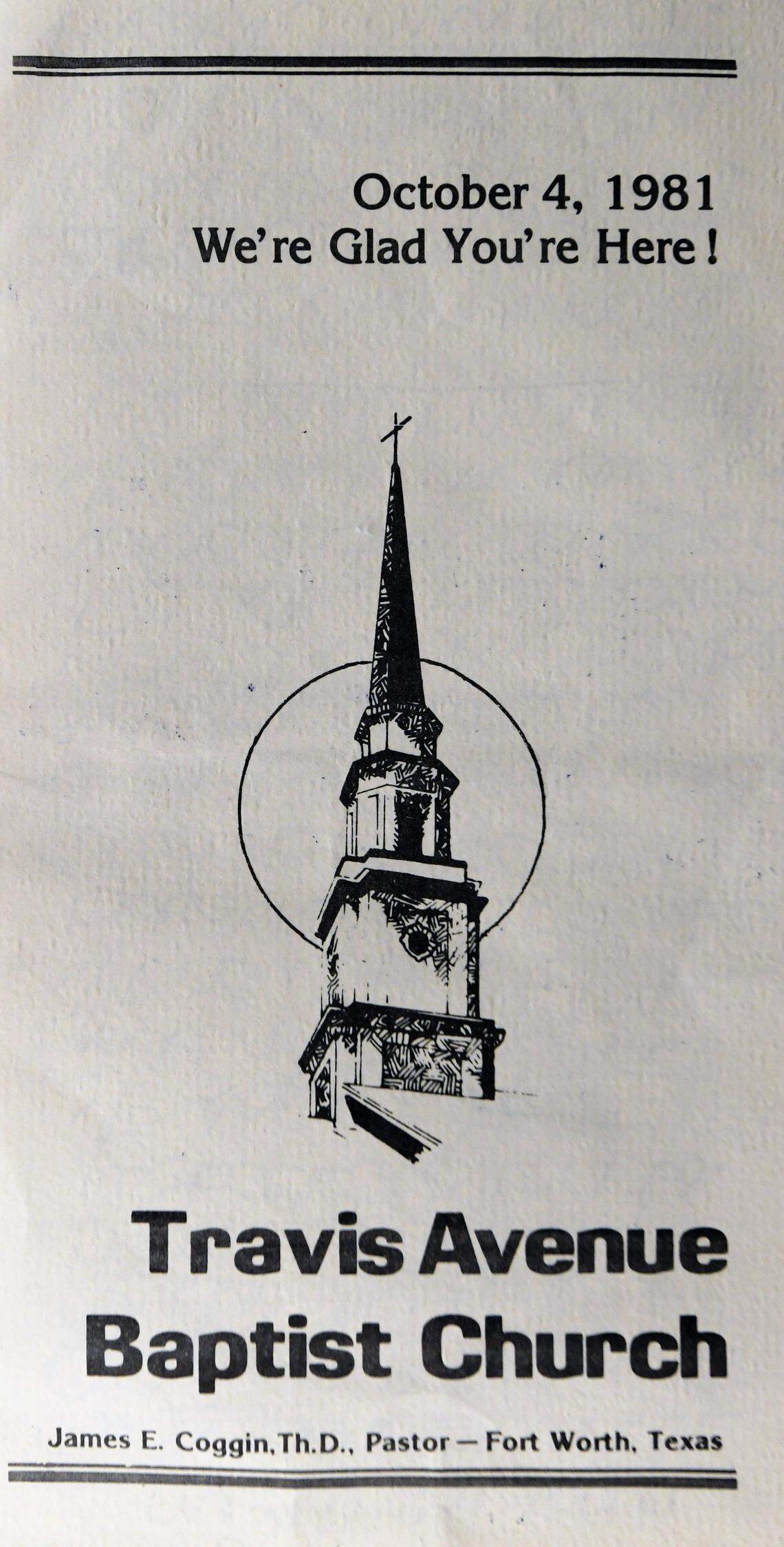 Printed material for Travis Avenue Baptist Church in Fort Worth from October 4, 1981 is shown in this photo.