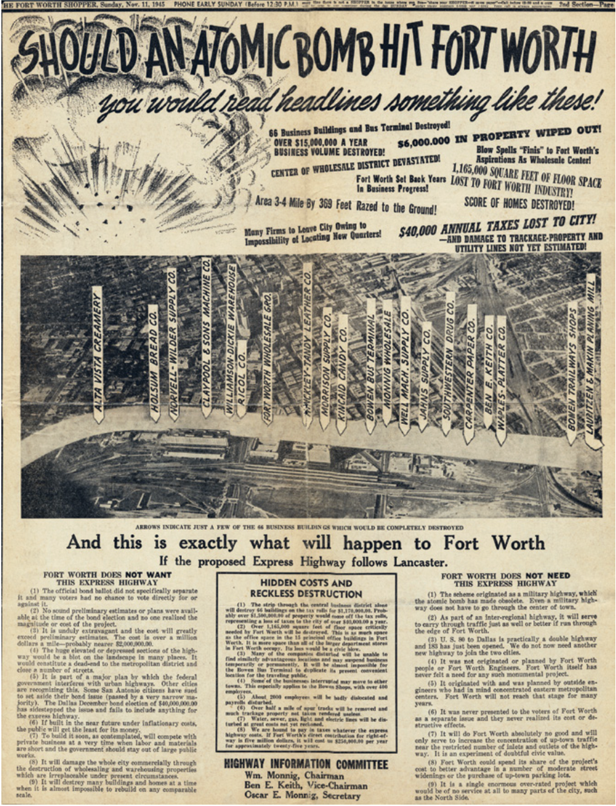 An eye-catching (if insensitive) bulletin posted in the Nov. 11, 1945 Star-Telegram, spelling out public concerns about routing a freeway through West Lancaster Avenue.