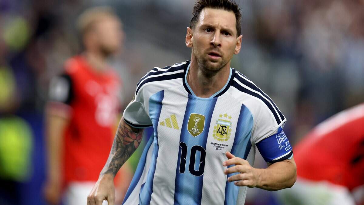 Argentina forward Lionel Messi runs towards teammates after scoring during the FIFA World Cup 2026 matchup against Austria on Monday, June 22, 2026, at Dallas Stadium in Arlington.
