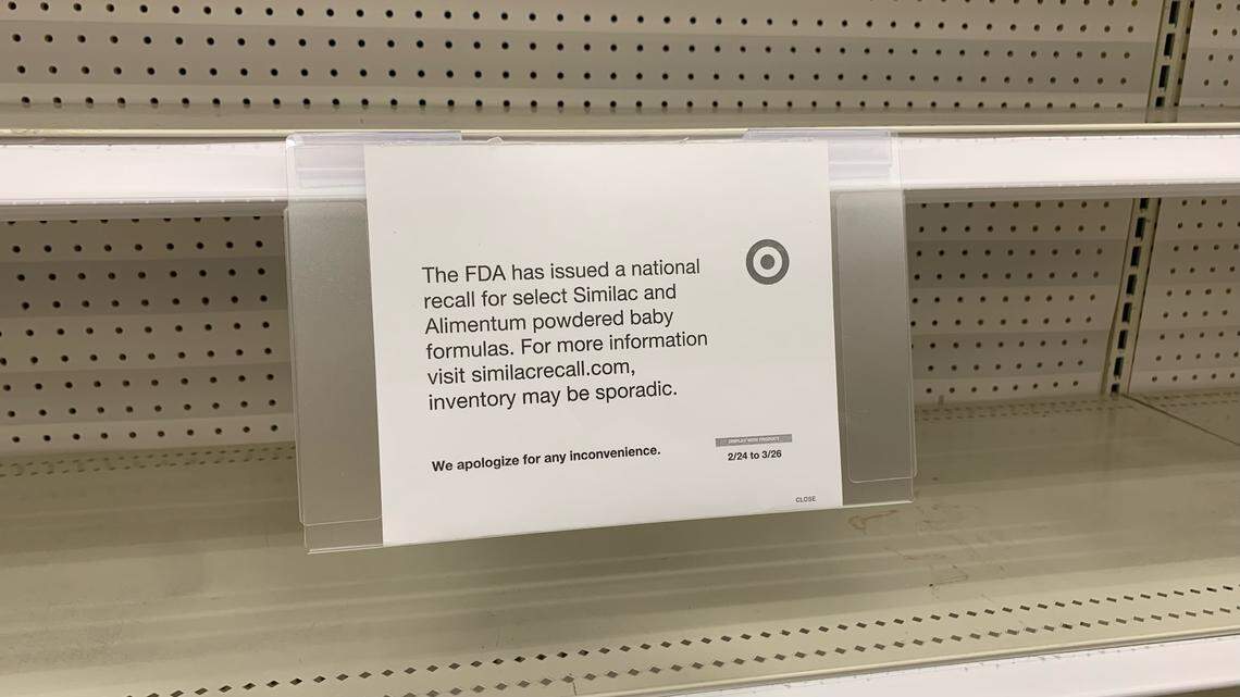 A sign at the West 7th Street Target says “the FDA has issued a national recall for select Similac and Alimentum powdered baby formulas. For more information, visit similacrecall.com, inventory may be sporadic. We apologize for any inconvenience.”