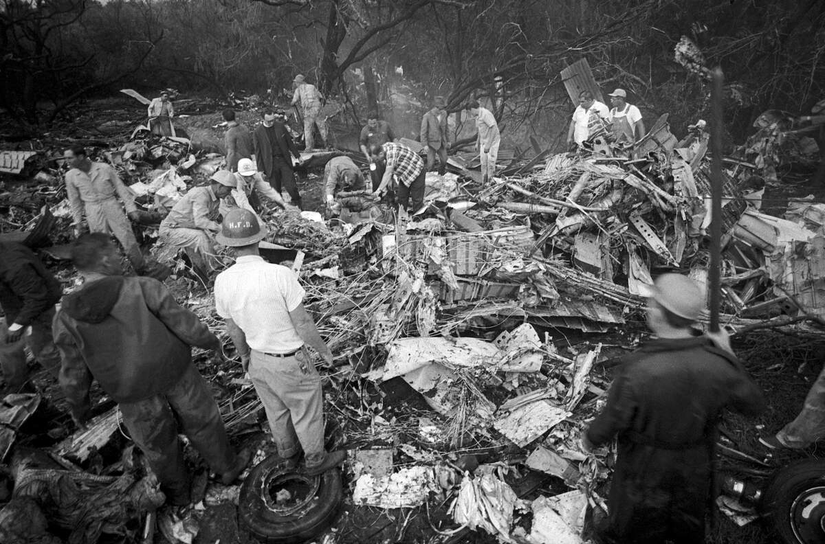 Pictured are dozens of rescue workers, many from volunteer fire departments in neighboring towns, who rushed to the scene of the wreckage. Extrication of victims caused one to observe, “This looks like the battle scenes in World War II.”