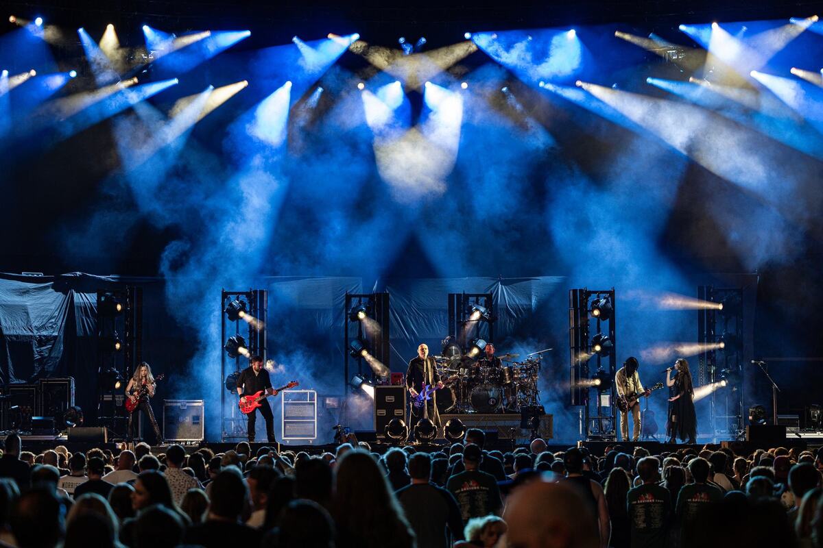 The members of Smashing Pumpkins perform on stage before Green Day for “The Saviors Tour” at Globe Life Field in Arlington on Wednesday, Sept. 11, 2024.