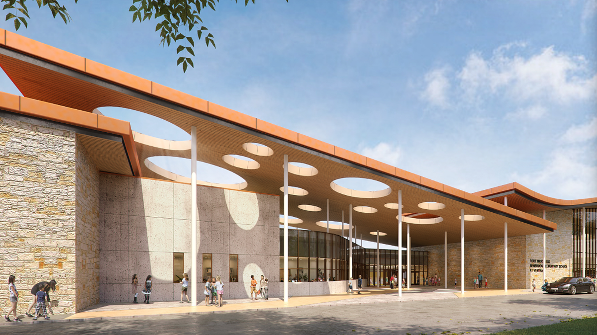 A rendering shows the Fort Worth Independent School District’s newest elementary school, Rolling Hills Elementary, which was originally slated to open in fall 2023.