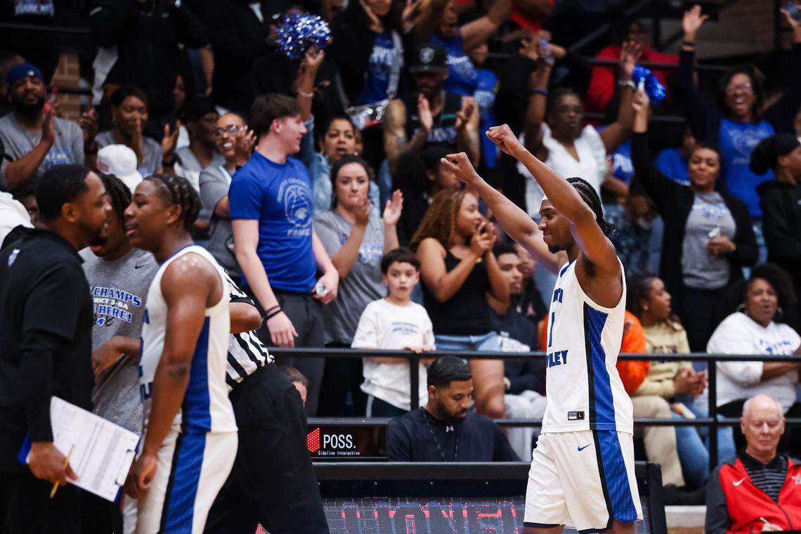 North Crowley forward Alex Barther (1) raises his hands in the air after a Coppell timeout in celebration in a UIL 6A D1 regional semifinal at Timberview High School in Arlington, Texas, Tuesday, March 3, 2026.