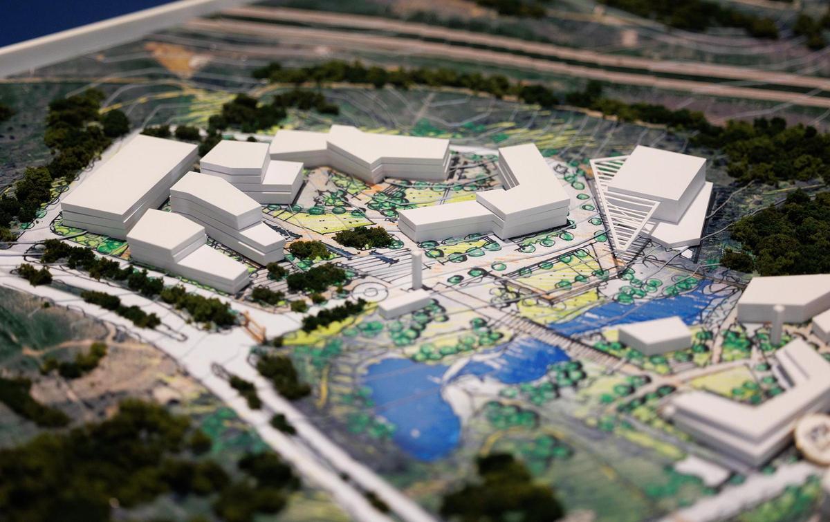 A model showing the layout of the future UTA West campus sits on display at the ground breaking for the new campus on Thursday, April 3, 2025.