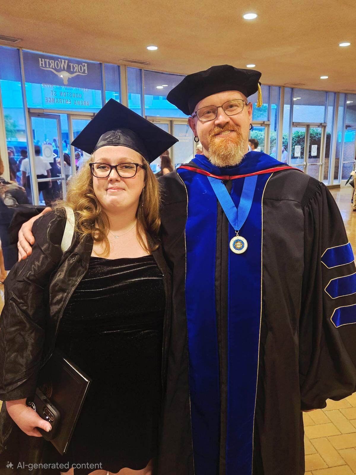 TCC graduate Mackenzie Sutton and her adoptive father, TCC professor David Sutton, at TCC’s graduation ceremony in Fort Worth on May 15, 2026.