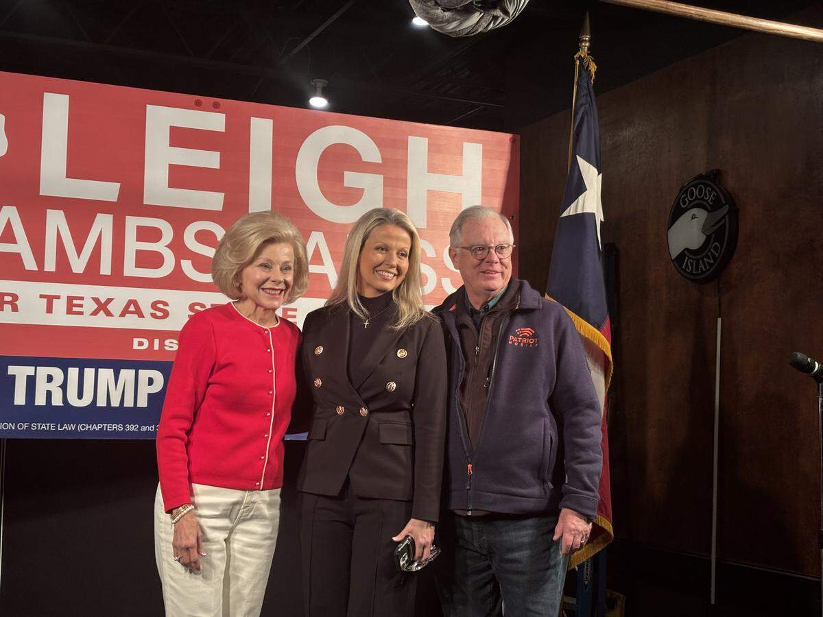 Republican Candidate Leigh Wambsganss poses with supporters at her election night watch party on Jan. 31, 2026 at Niki’s Italian Bistro.