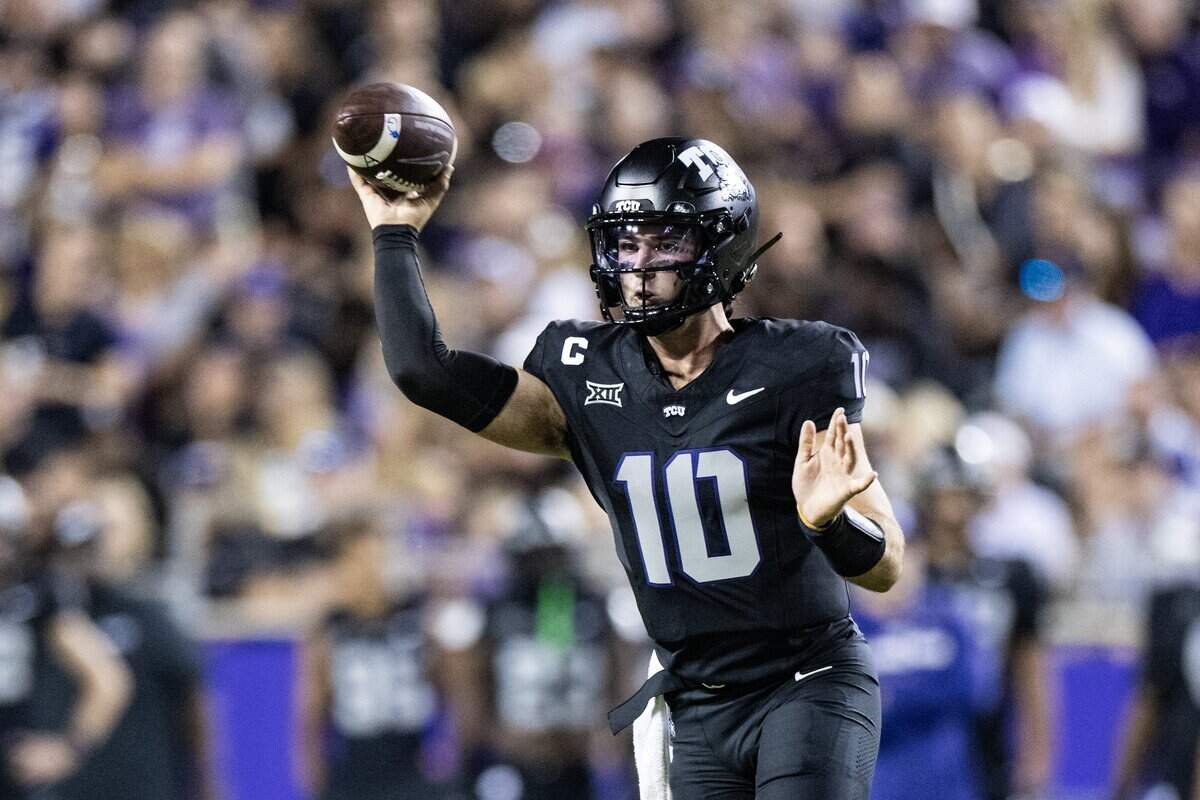 TCU quarterback Josh Hoover (10) throws a pass in the first half of an NCAA football game between TCU and Colorado at Amon G. Carter Stadium in Fort Worth on Saturday, Oct. 4, 2025.