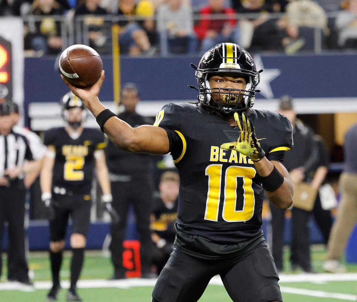 Timpson quarterback Terry Bussey (10) throws a short out route during the second half of a UIL Conference 2A Division I state championship football game at AT&T Stadium in Arlington, Texas, Wednesday, Dec. 13, 2023.