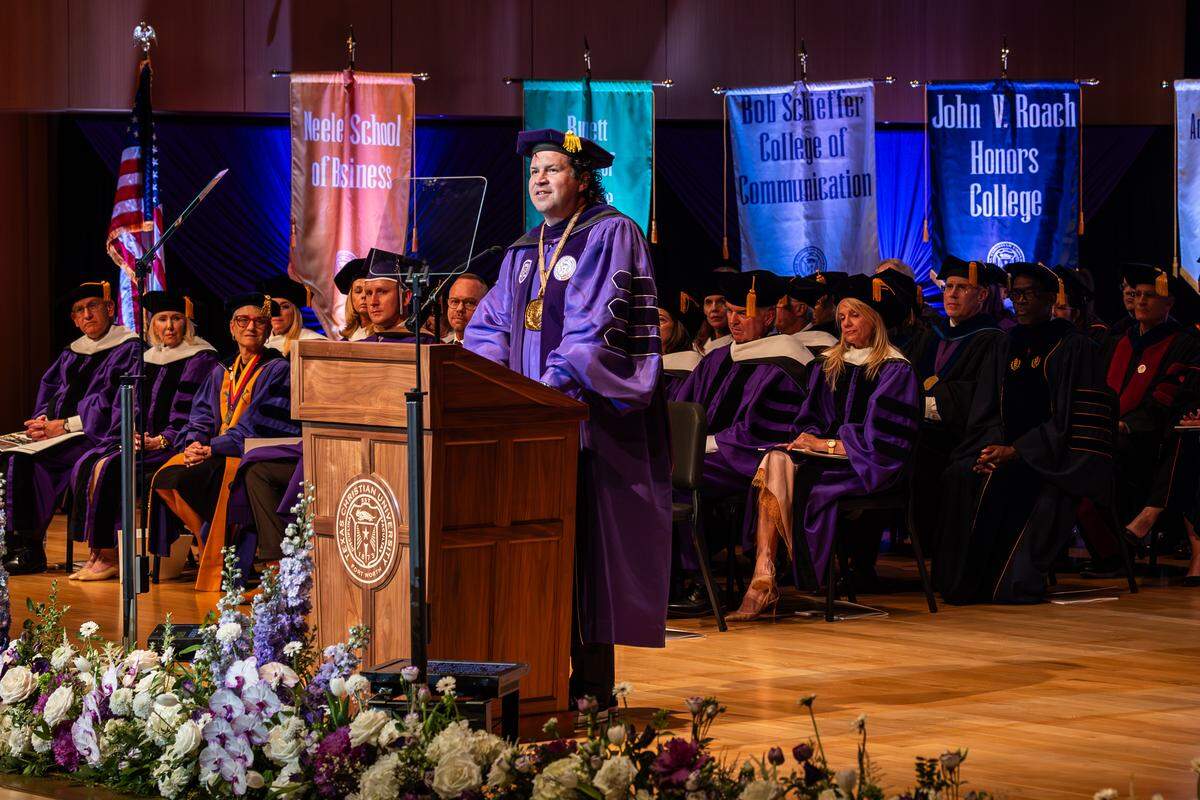 Daniel Pullin, the 11th chancellor of TCU, speaks at his inauguration ceremony at the Van Cliburn Concert Hall inside TCU’s Megan and Victor Boschini Music Center on Nov. 6, 2025.