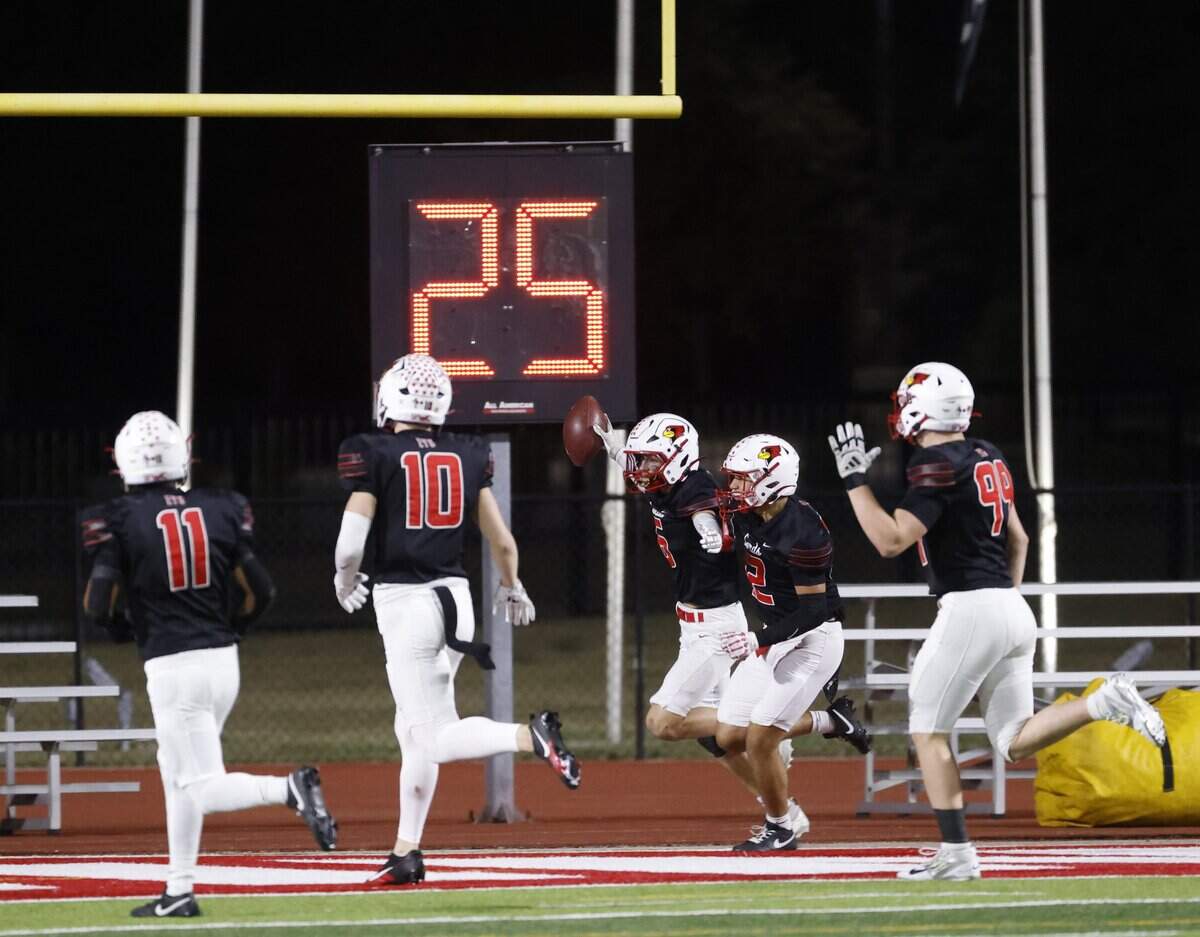 Fort Worth Christian defensive back Luke Stevens (6) celebrates his 85-yard kickoff return with teammates during the second half of a TAPPS football game between Fort Worth All Saints and Fort Worth Christian at Barrow Field in North Richland Hills, Texas, Friday, October 31, 2025.