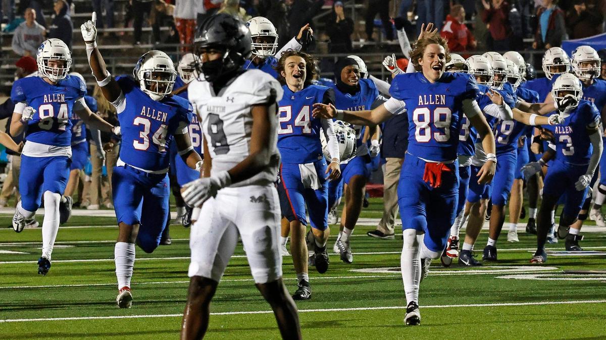 Allen players rush the field after the winning touchdown overtime of a UIL Conference 6A Division 1 area round football playoff game at Dragon Stadium in Southlake Texas, Friday, Nov. 17, 2023.