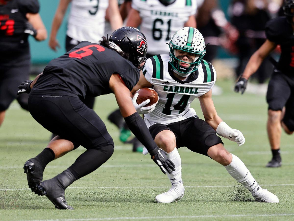 Trinity linebacker Nai Mose (6) draws a bead on Southlake’s Brady Boyd during the 6A division 1 quarterfinals at Globe Life Park in Arlington, Texas, Saturday, Jan. 02, 2021. Southlake led Trinity 38-21 at the half. (Special to the Star-Telegram Bob Booth)