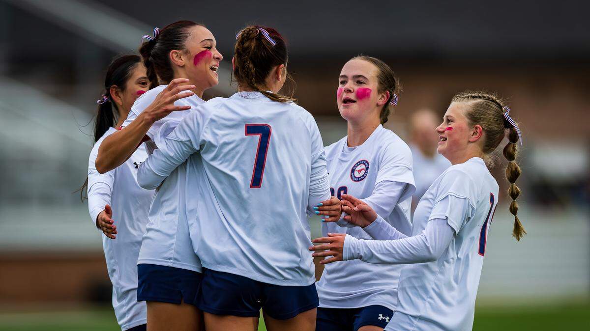 Grapevine’s Hope Harvill (7) celebrates with teammates after scoring the only goal of the match against Wichita Falls Memorial in a Class 5A Division 2 regional semifinal on Friday, March 27, 2026 at Briles Stadium in Stephenville, Texas.