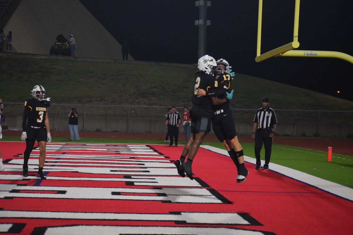 Benbrook’s quarterback Brennan Barton (17) celebrates after scoring a running touchdown in the third quarter of a high school football game against River Oaks Castleberry at Clark Stadium in Fort Worth, Texas, Friday, August 29, 2025. Benbrook won 47-45.