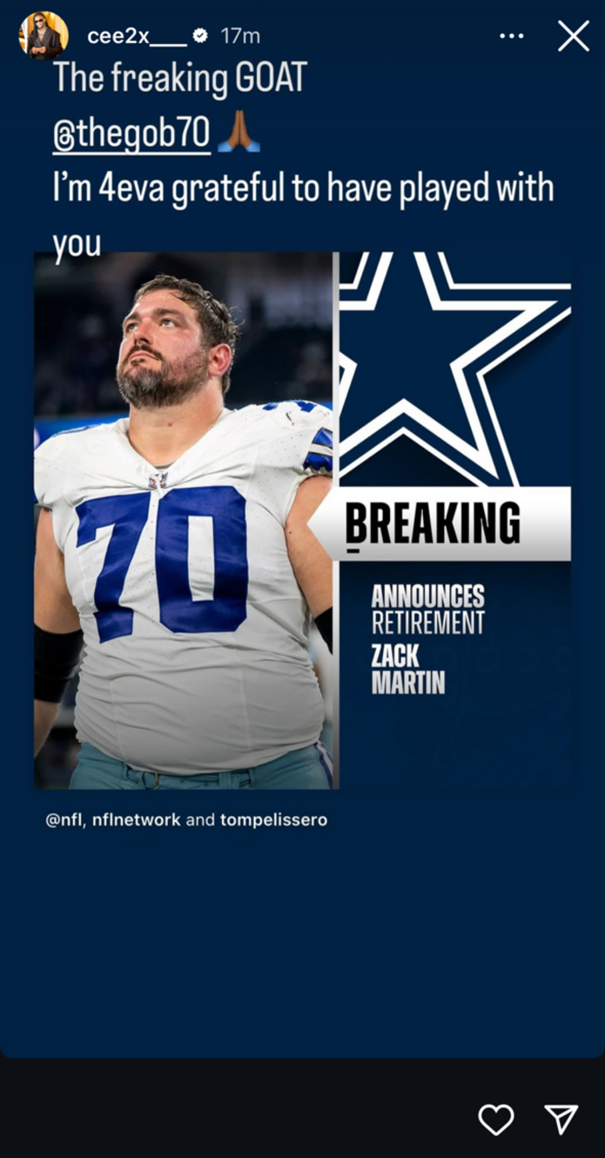 CeeDee Lamb comments on Zack Martin’s retirement via Instagram.