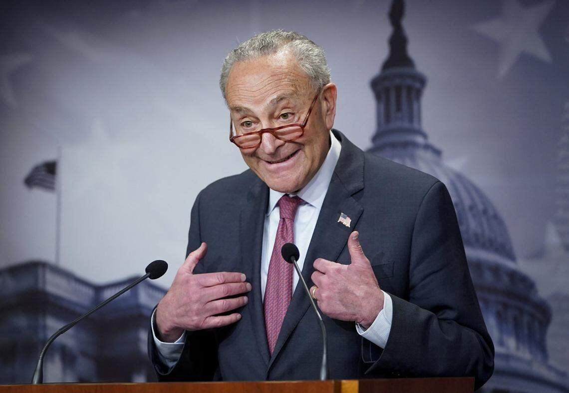 Senate Majority Leader Chuck Schumer, D-N.Y. speaking to reporters in April at the Capitol. Mandatory Credit: Jack Gruber-USA TODAY