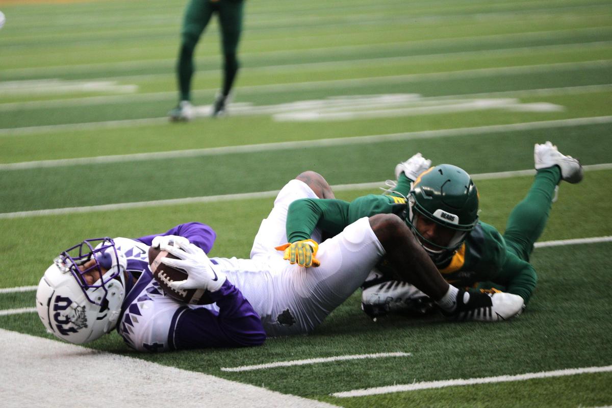 TCU wide receiver Taye Barber completes a pass during their game against Baylor at McLane Stadium in Waco on Saturday, Nov. 19, 2022. The Horned Frogs won 29-28 against the Bears.