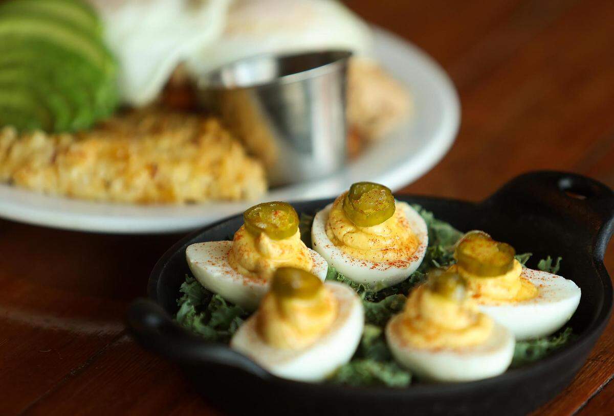 Candied serrano and bacon deviled eggs at Brewed in Fort Worth.
