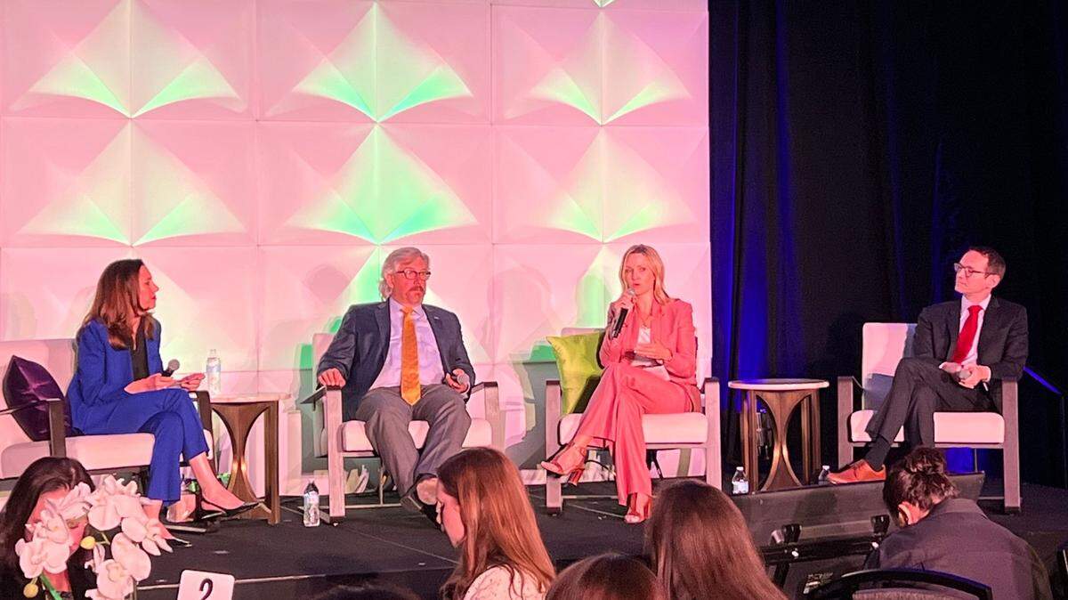 Kara Waddell, president and CEO of Child Care Associates, moderates a panel discussion with Texas Workforce Commission Chairman Bryan Daniel, Mayor Mattie Parker and Commissioner of Education Mike Morath on Thursday at Worthington Renaissance Hotel in downtown Fort Worth. The local and state leaders discussed pre-K delivery and early educator wages.