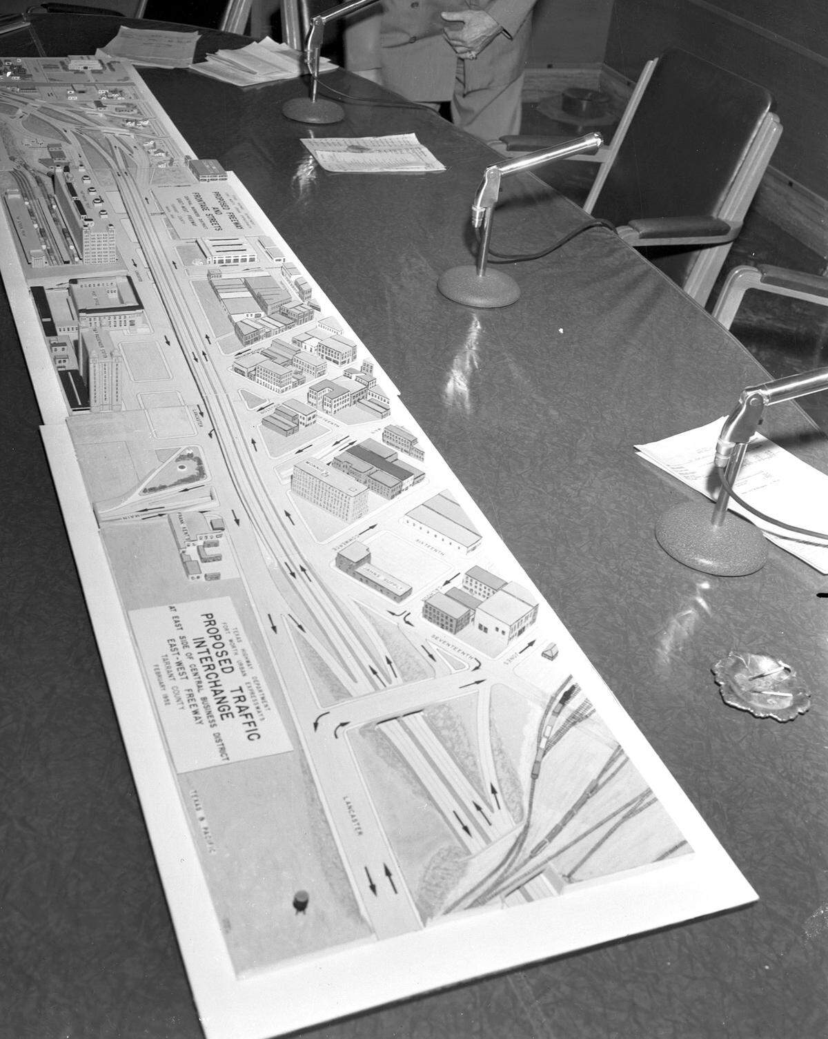 A model of the proposed I-30 overpass cutting over West Lancaster Avenue. The Texas transportation authority had originally planed to build the Lancaster section of the freeway in a ditch, but public pushback stalled the effort.