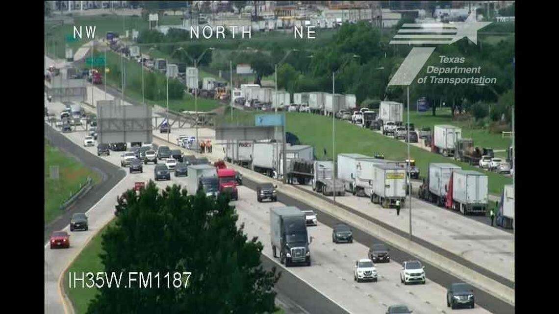 TxDOT cameras near Burleson show 18-wheelers backed up on I-35 at FM 1187 on Wednesday, April 29, 2026.