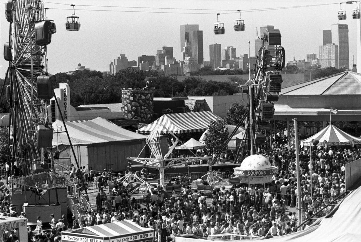 Oct. 12, 1976: A scene from the State Fair of Texas with the Dallas skyline visible in the background.