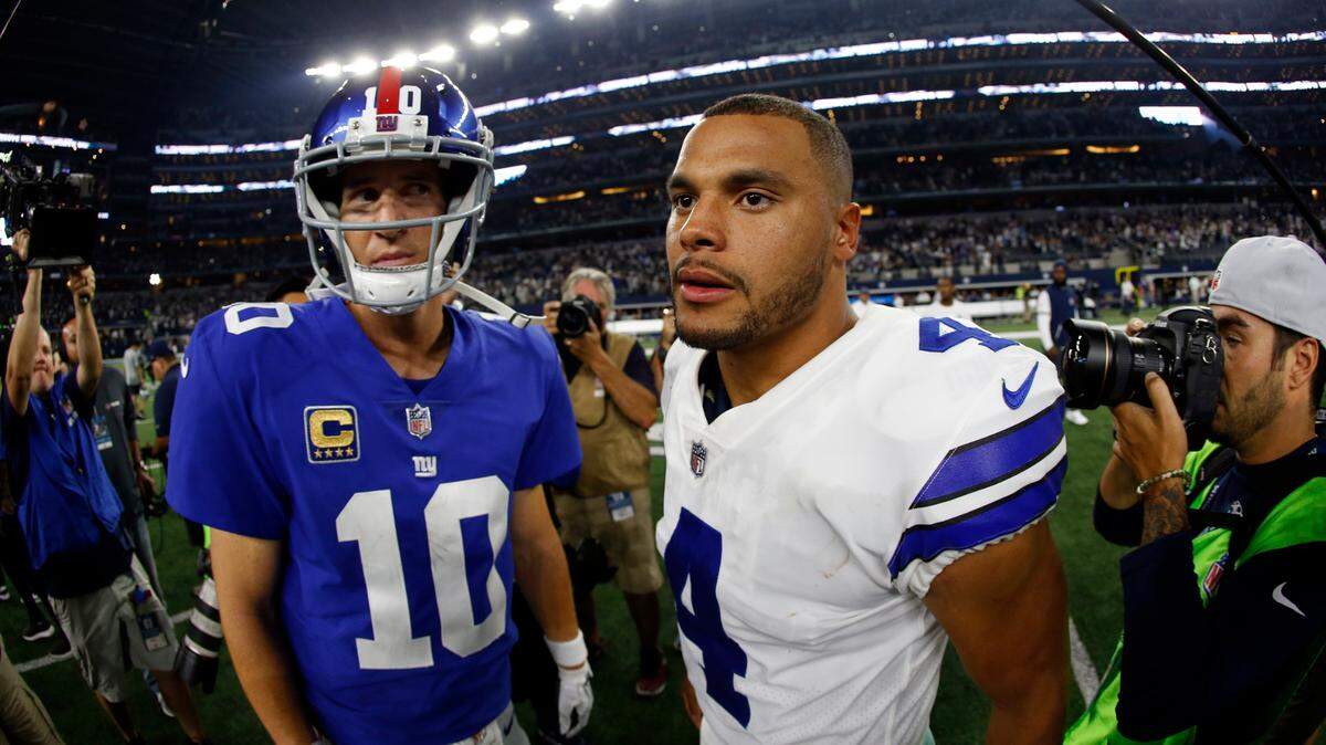 Former New York Giants’ QB Eli Manning (10) spoke highly of current Dallas Cowboys QB Dak Prescott on Thursday at AT&T Stadium.