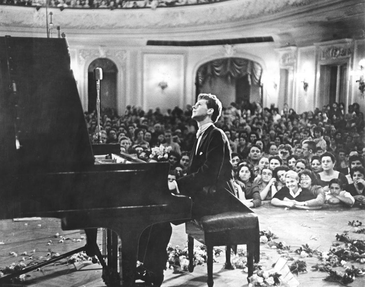 Texas pianist Van Cliburn performs to a packed audience in the Great Hall of the Moscow Conservatory in April 1958 during the first International Tchaikovsky Competition, which he won.