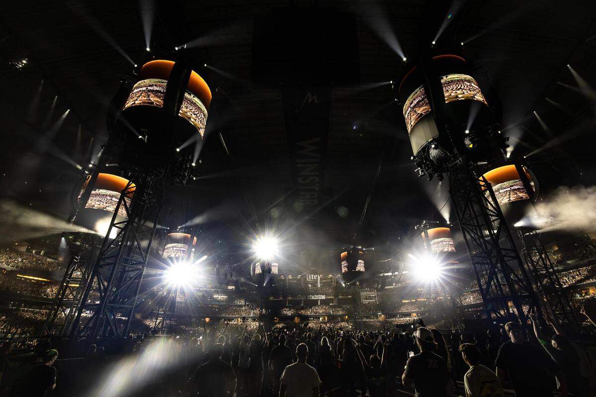 Fans cheer as the lights begin a show prior to the Metallica: M72 World Tour concert at AT&T Stadium in Arlington, Texas on Friday, Aug. 18, 2023.