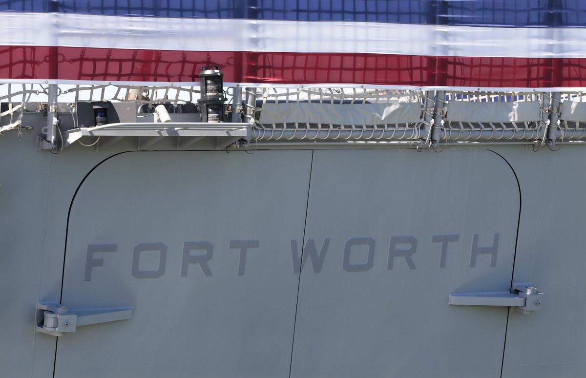 Marking on the stern of the USS Fort Worth in Galveston, Texas, on Sept. 20, 2012. The new Freedom class fighting ship was commissioned two days later.