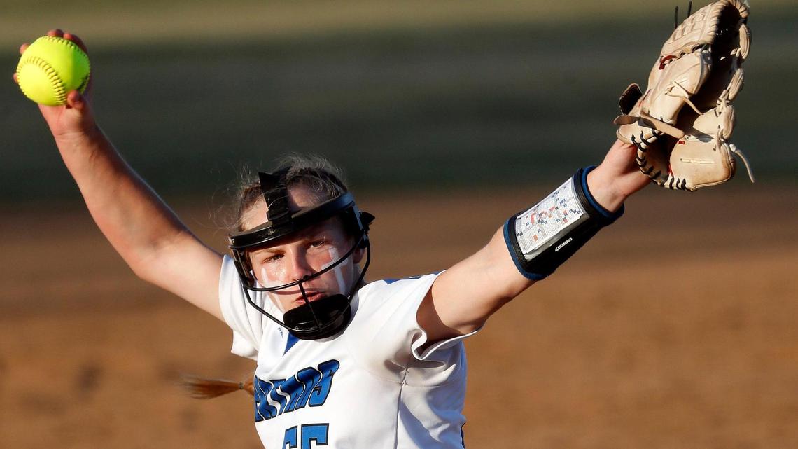 Burleson Centennial pitcher Bailey Lindemuth (55) throws in the top of the second during a UIL 5A Region 1 quarter-final playoff softball name at Spartans Softball Field in Mansfield, Texas, Wednesday, May 11, 2022. Centennial defeated Northwest 7-5 in game one. Game two will be at Northwest High School Thursday with game three at Weatherford High School if necessary. (Special to the Star-Telegram Bob Booth)