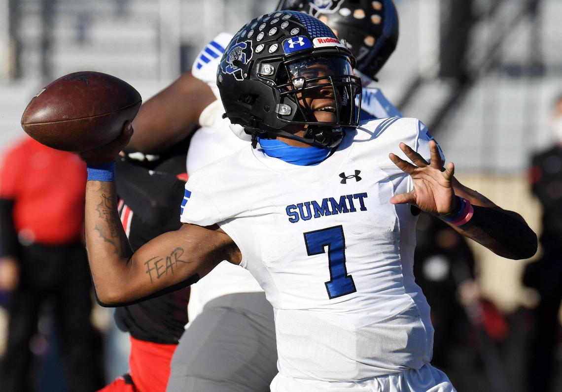 Mansfield Summit quarterback David Hopkins throws down the field against Colleyville Heritage in the first quarter of their Division 1-5A Regional Round Play-off football game Saturday, December 26, 2020 at Bearcat Stadium in Aledo, Texas. Special/Bob Haynes