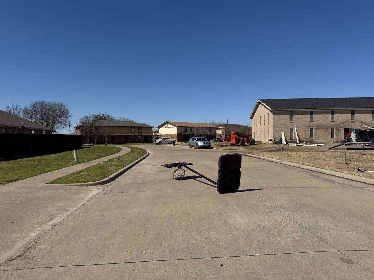 Two toppled basketball hoops along Deborah Lane in Crowley. The city weathered severe winds early Tuesday morning.