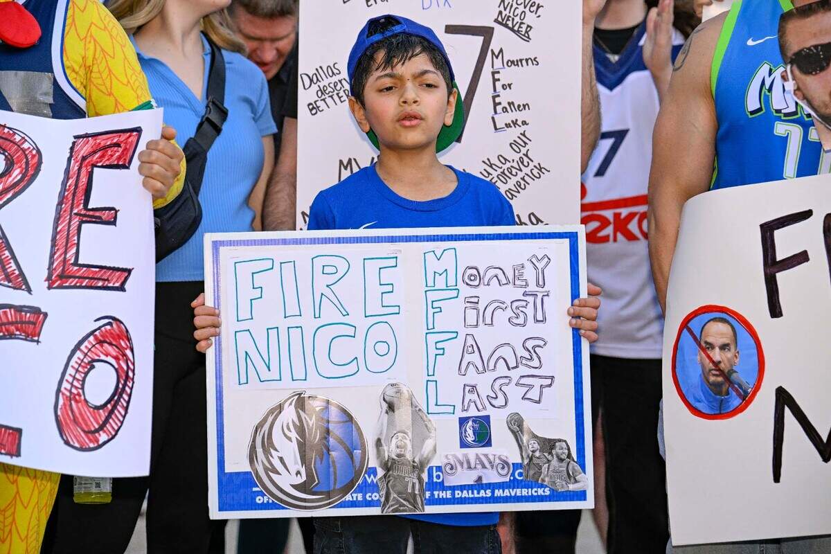 Dallas Mavericks fans gather outside the arena before the game between the Dallas and the Houston Rockets on Saturday, Feb. 8, 2025, to protest the Nico Harrison trade of former Mavericks point guard Luka Doncic to the Los Angeles Lakers.