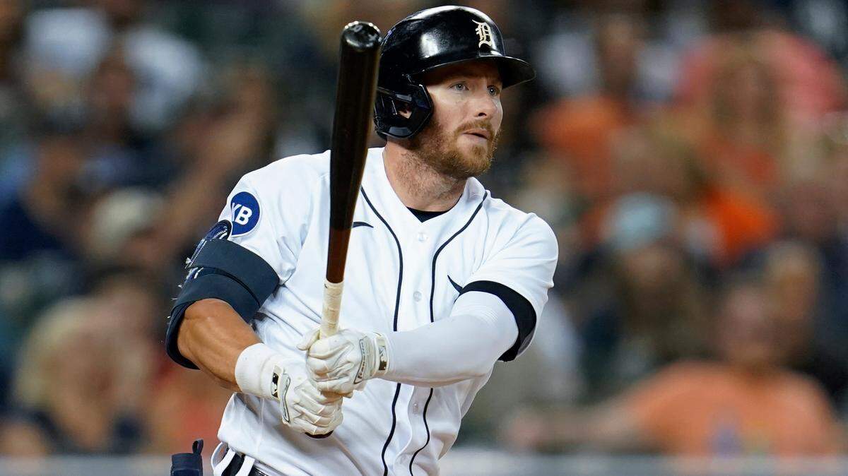 Detroit Tigers’ Robbie Grossman bats against the Texas Rangers in the seventh inning of a baseball game in Detroit, Friday, June 17, 2022.