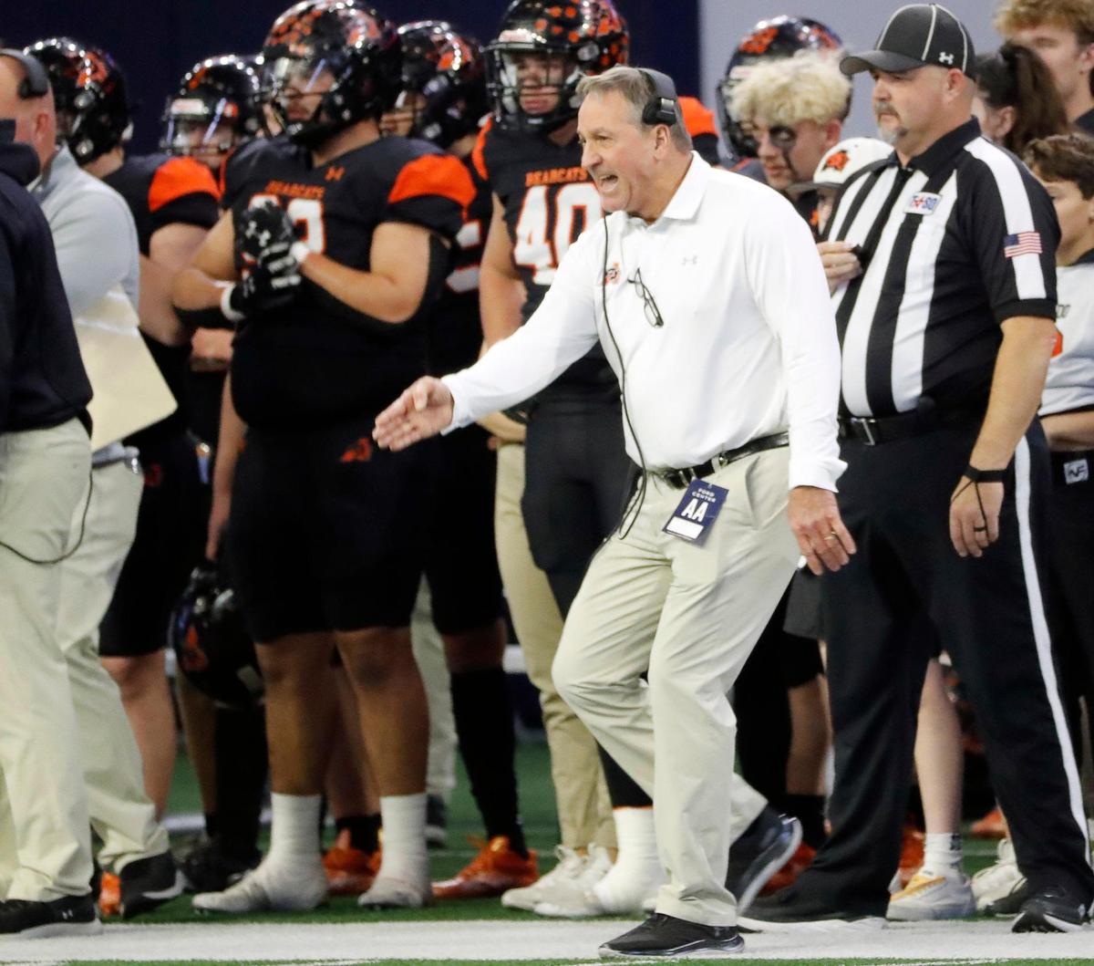 Aledo head coach Tim Buchanan signals to the field in the first half of a UIL Class 5A D1 state quarterfinal football game at the Ford Center in Frisco, Texas, Friday, Dec. 02, 2022. Aledo led 21-14 at the half.(Special to the Star-Telegram Bob Booth)